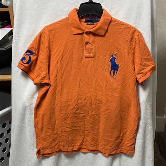 Polo by Ralph Lauren Orange Polo Shirt Blue Big Pony Logo Custom Slim Fit SZ L/G - Picture 1 of 6